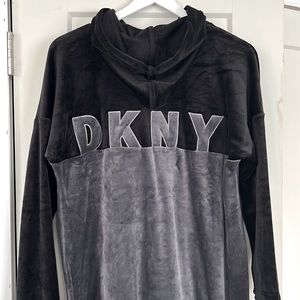 DKNY Soft Velvety Hoodie in Black / Gray. Wm’s size S. Long, Hoodie Dress. ECU